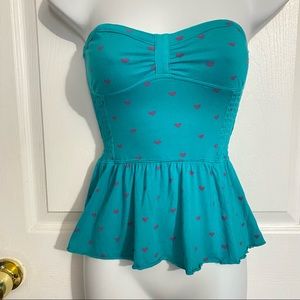 SO-Turquoise +Pink Hearts Sleeveless Peplum Top-XS